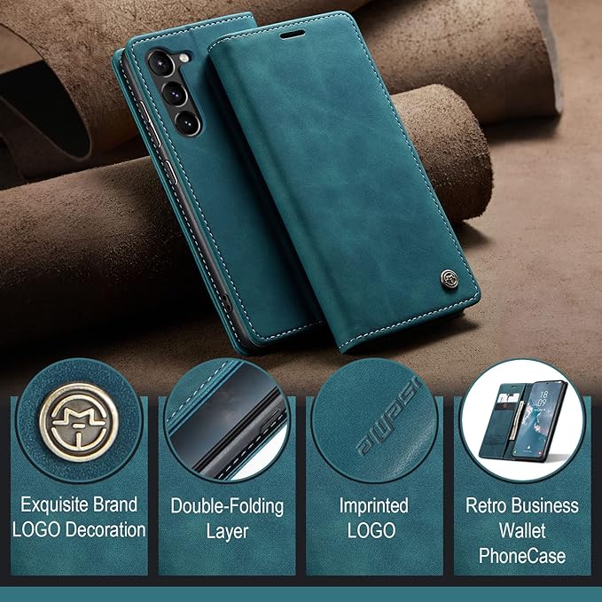 for Samsung Galaxy S23 Plus Case, Flip Wallet Leather Case with Card Holder Magnetic Closure Shockproof Kickstand Protective Phone Cases Cover for Samsung S23 Plus,Blue-Green
