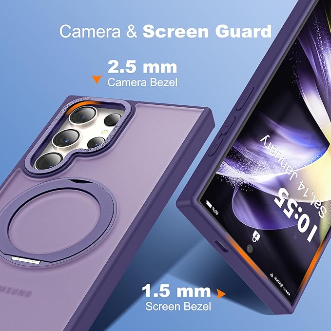 Compatible with Samsung Galaxy S22 & S23 Ultra Case with 360Rotatable Magnetic Ring Stand Compatible with Mag-Safe Military Protection Shockproof Translucent Phone Case,Dark Purple