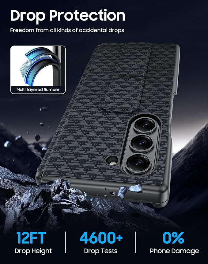 for Samsung Galaxy Z Fold 6 Case with Hand Strap & Kickstand & Hinge Protection, Ultra Slim Skin Feel Pattern Printing Full Body Shockproof Phone Case for Z Fold 6, No Screen Protector (Black)