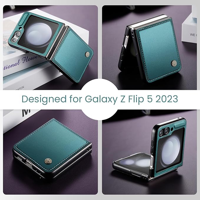 for Samsung Galaxy Z Flip 5 Case, Premium PU Leather Case Anti Scratch Slim Phone Shockproof Protective Phone Cover for Samsung Galaxy Z Flip5, Blue-Green