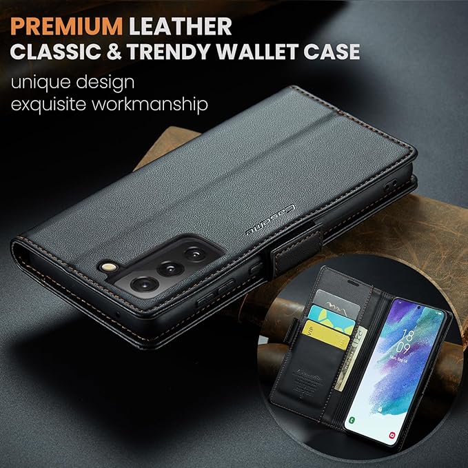 AUPAI for Samsung Galaxy S21 FE Wallet Case with Credit Card Holder, PU Leather RFID Blocking Folio Flip Kickstand Magnetic Clasp Protective Phone Cover for Women Men Black