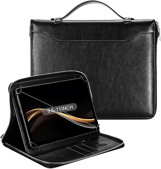 E NET-CASE 9.6-11 Inch Universal Tablet Case with Tri-Angle Adjustable Stand (Vertical/Horizontal), Detachable Shoulder Strap & Document Card Pocket, Premium PU Leather(Black)