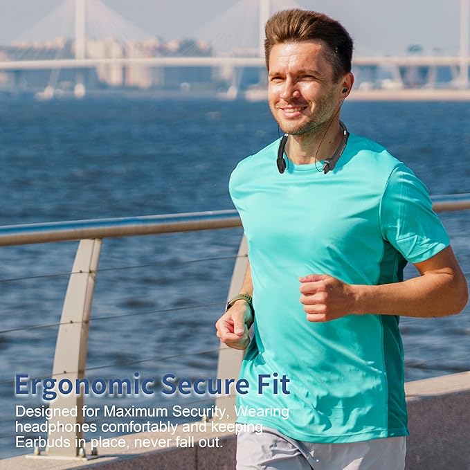 AMORNO Foldable Bluetooth Neckband Headphones, Wireless Sports Headset with Retractable Earbuds, Sweatproof Noise Cancelling Stereo Earphones with Built-in Mic for Running, Workout (Deep Black)