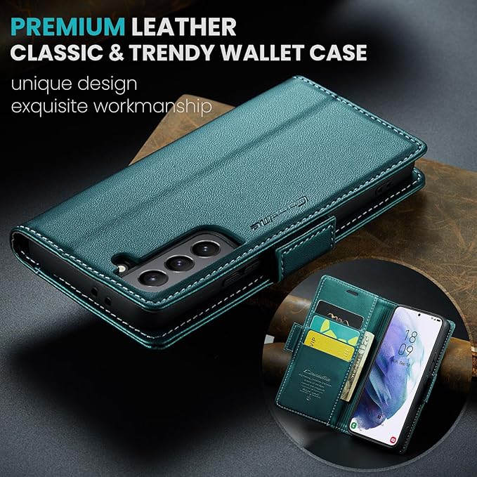 Case for Samsung Galaxy S21 Wallet Case, RFID Blocking PU Leather Flip Folio Cover Card Holder Kickstand Shockproof Phone Case Compatible with Samsung Galaxy S21, Blue Green