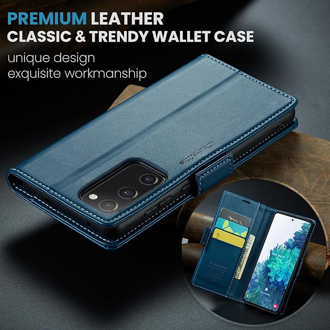 AUPAI for Samsung Galaxy S20 FE Wallet Case with Credit Card Holder, PU Leather RFID Blocking Folio Flip Kickstand Magnetic Clasp Protective Phone Cover for Women Men Blue