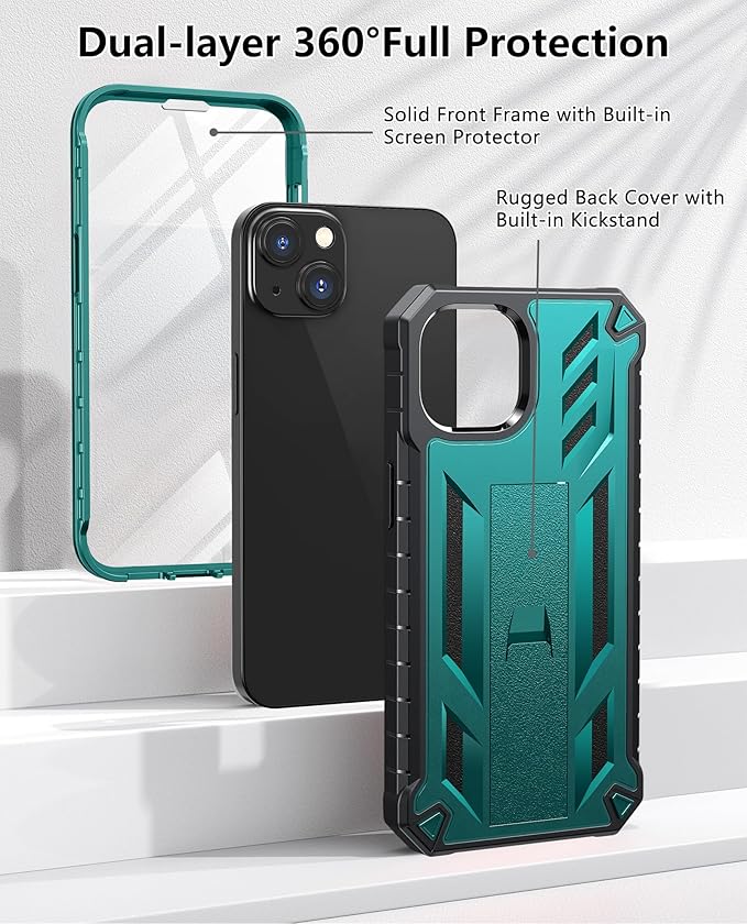 for iPhone 13/14 Protective Case: for iPhone 16e Cover Heavy Duty Military Grade Hard Protection Shock Proof Grip | Durable Dual-Layer Design with Built-in Kickstand Teal