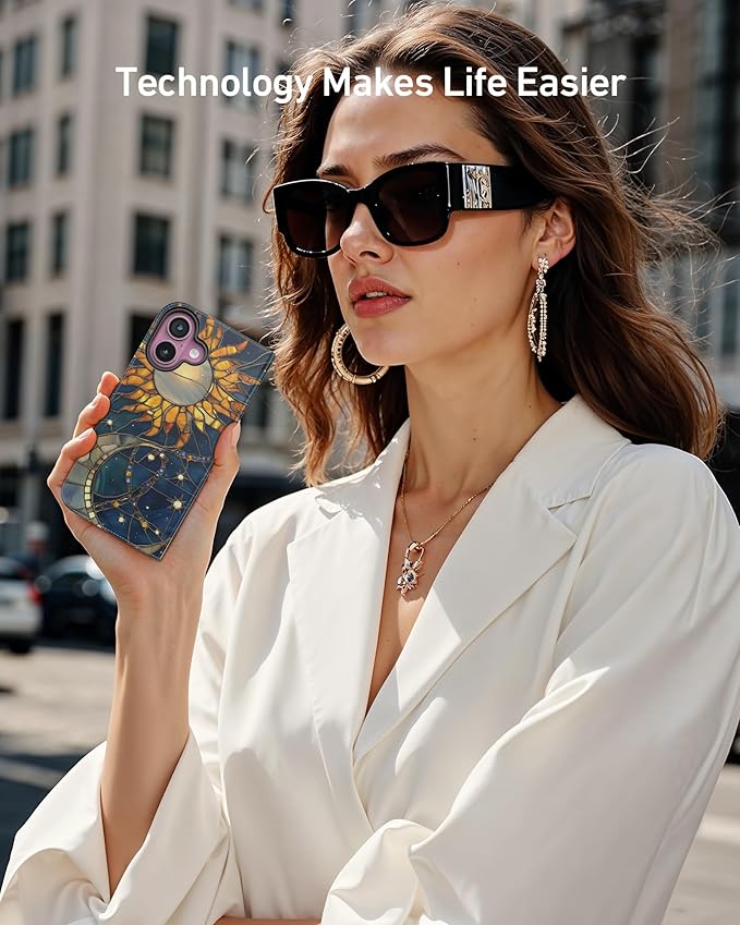 DEENAKIN for iPhone 16 Plus Wallet Case with Card Holder + Cash Clip, RFID-Blocking, Military-Grade Drop Protection, Magnetic Closure with Leather Kickstand - Solar Lunar Harmony