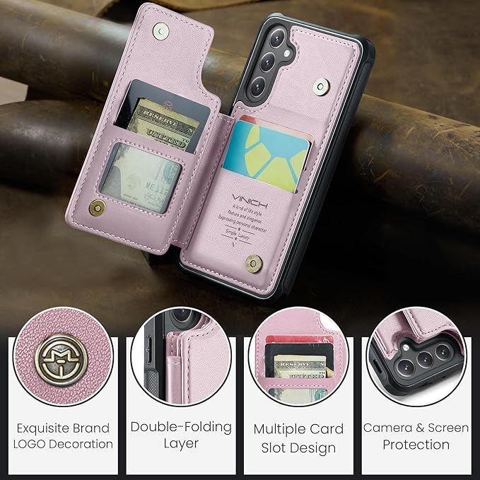 Vinich for Samsung Galaxy S25 Wallet Case with Card Holder, RFID Blocking Credit Slots Kickstand Shockproof Phone Cover for Women Men, Pink