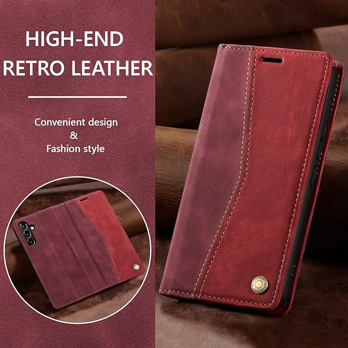 QLTYPRI Wallet Case for Samsung Galaxy S24, Vintage Folio PU Leather Purse Case with Card Slots Magnetic Closure Kickstand Flip Crashproof Phone Cover for Samsumg Galaxy S24 - Wine Red