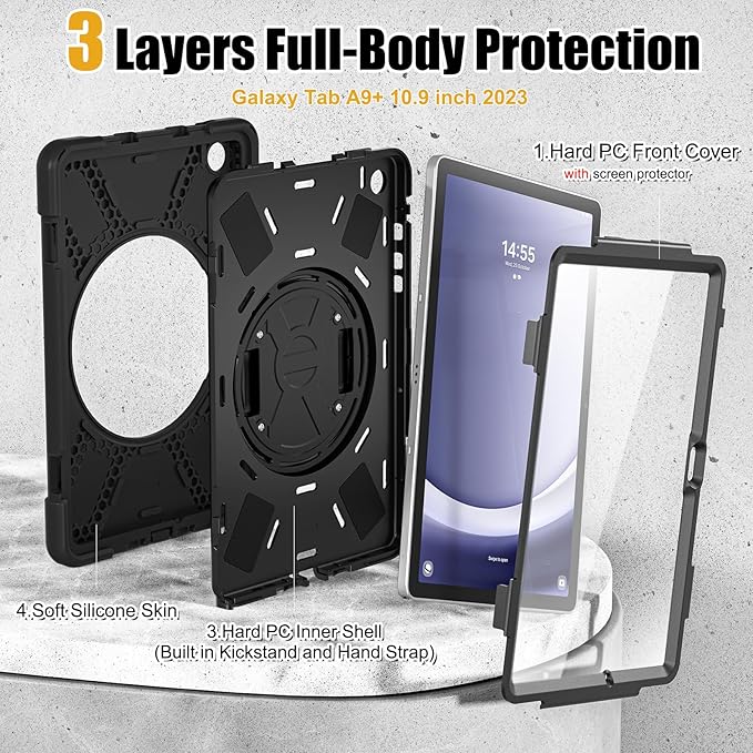 BRAECNstock for Samsung Galaxy Tab A9+ Plus Case 11 inch (SM-X210/X216/X218) Shockproof Protective Tab A9+ Plus Kids Case with Screen Protector Pen Holder Rotating Hand Strap+Stand, Black