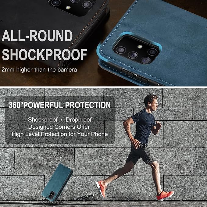 for Samsung Galaxy A51 Case, Flip Wallet Leather Case with Card Holder Magnetic Closure Shockproof Kickstand Protective Phone Cases Cover for Samsung A51,Blue-Green