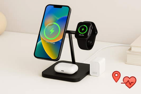 Minimal 3:2 hero showing a MagSafe/Qi2 multi-device charging dock powering a phone, smartwatch, and earbuds on a clean desk, with a USB-C PD GaN adapter nearby