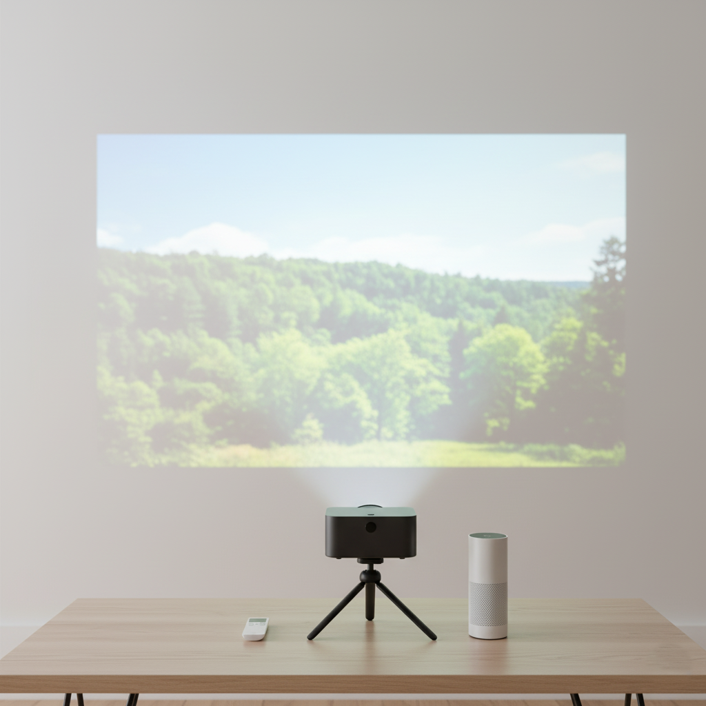 Minimal 3:2 hero showing a portable projector on a small tripod beaming a 100″ image onto a clean wall, with a Bluetooth speaker and remote on a bright desk