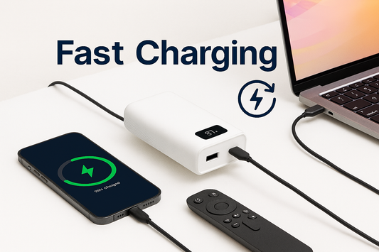 Minimal 3:2 hero showing a power bank with LED display fast-charging a phone and laptop via USB-C, with MagSafe/Qi2 pad and braided cable on a bright desk