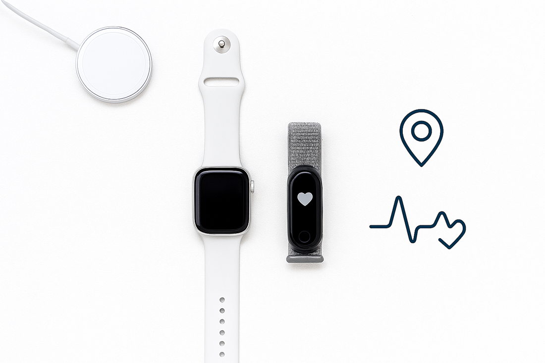 Minimal 3:2 hero image featuring a smart watch and health band on a bright desk with wireless charger, GPS pin, and heart-rate graph — Smart Watches & Health Bands guide