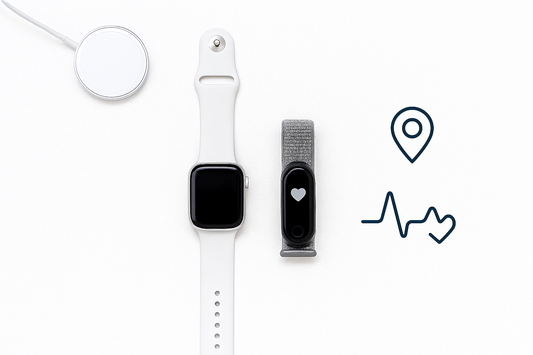 Minimal 3:2 hero image featuring a smart watch and health band on a bright desk with wireless charger, GPS pin, and heart-rate graph — Smart Watches & Health Bands guide