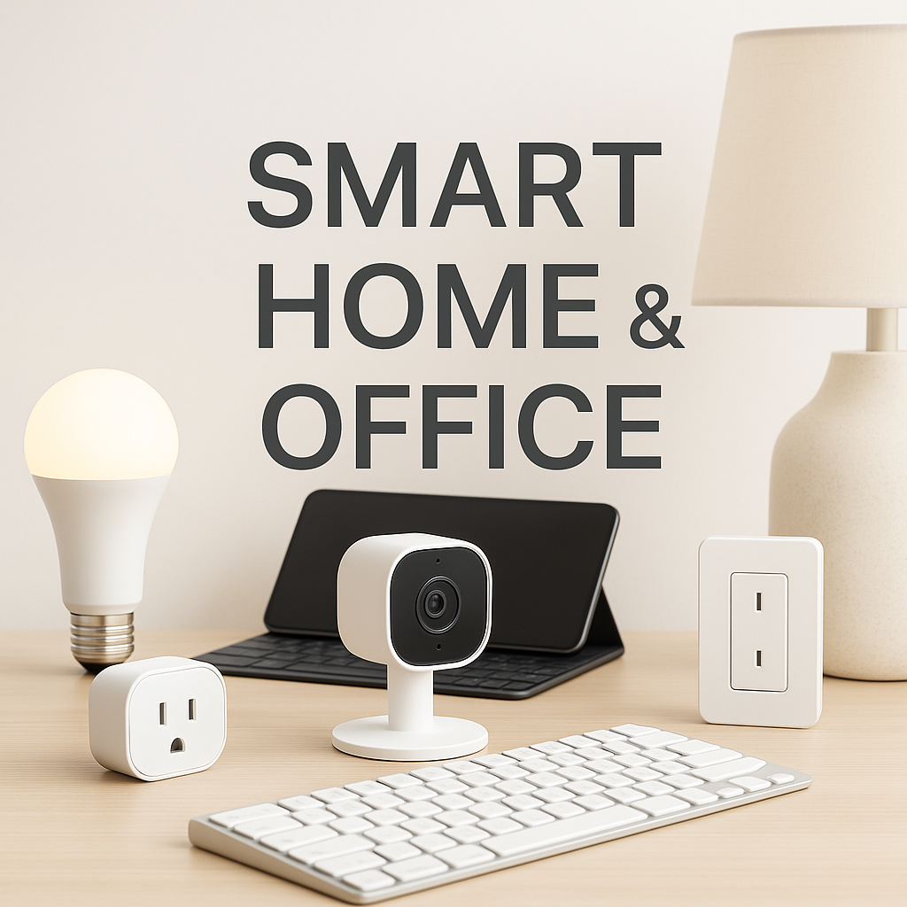 Smart home and office technology including lighting, security cameras, plugs, keyboards, and docking stations