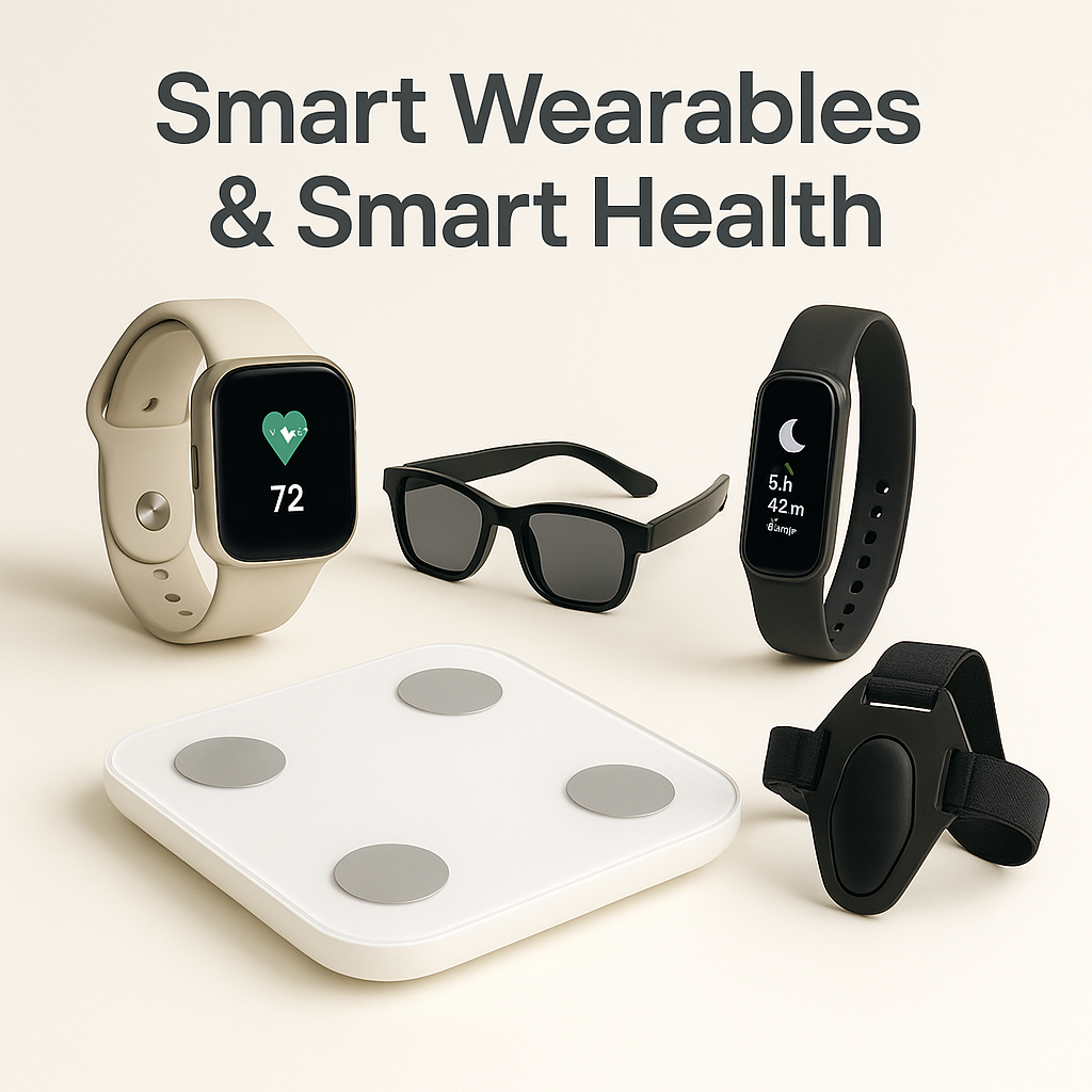 Collection of smart wearables including smartwatches, fitness bands, smart glasses, and medical health devices