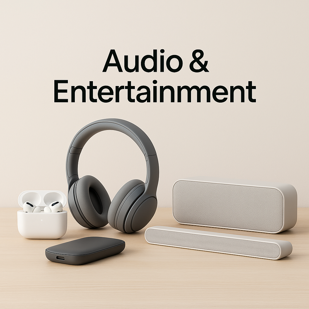 Audio and entertainment devices such as wireless earbuds, headphones, speakers, projectors, and gaming headsets