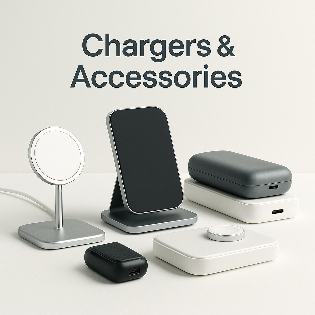 Variety of charging accessories including wireless chargers, MagSafe gear, power banks, and charging docks