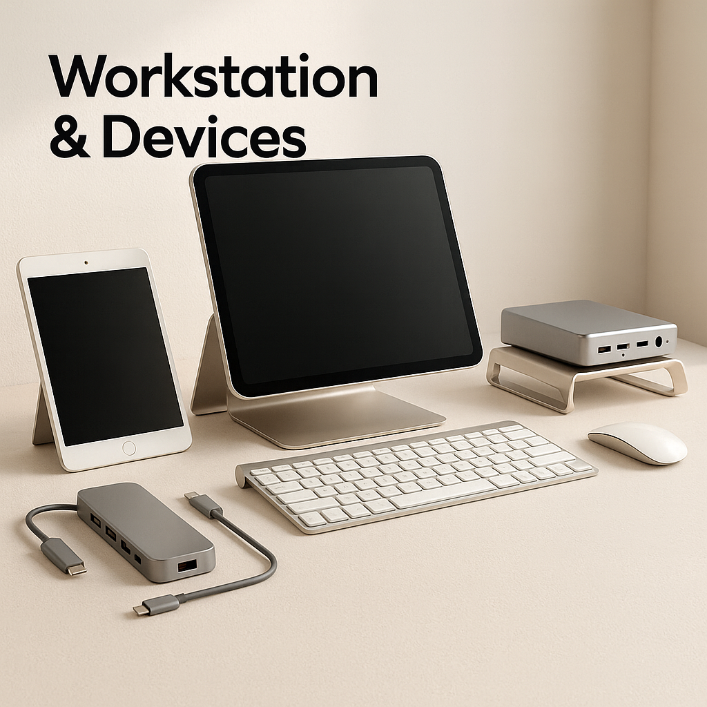 Minimal beige workstation with tablet and iPad mini on stands, wireless keyboard, mouse, USB-C hub, and compact mini PC
