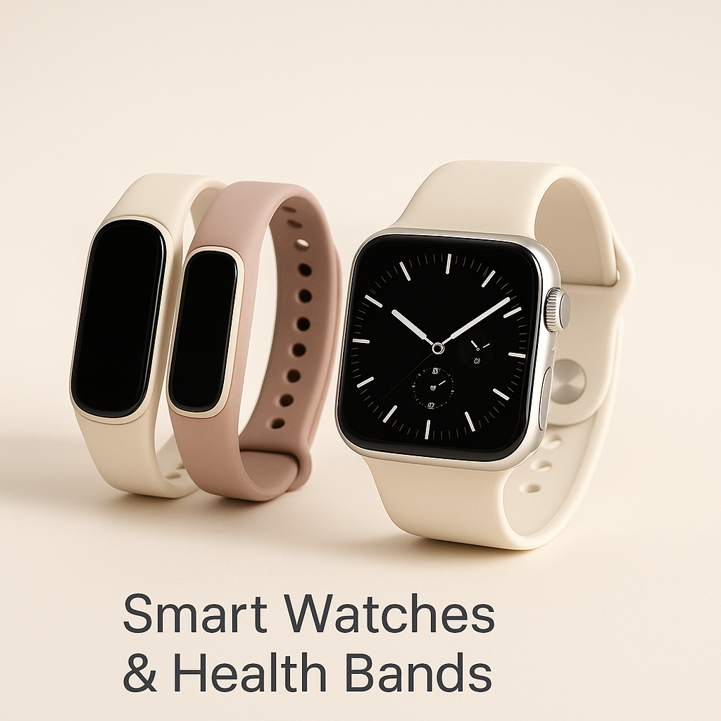 Smart watch and health band on a bright minimalist surface—heart rate, sleep, step, and GPS tracking for iOS and Android