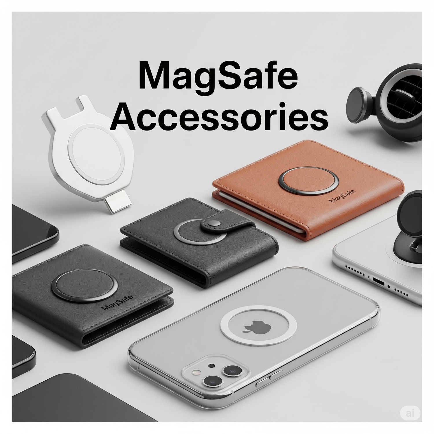 Apple MagSafe accessories including case, charger, and wallet