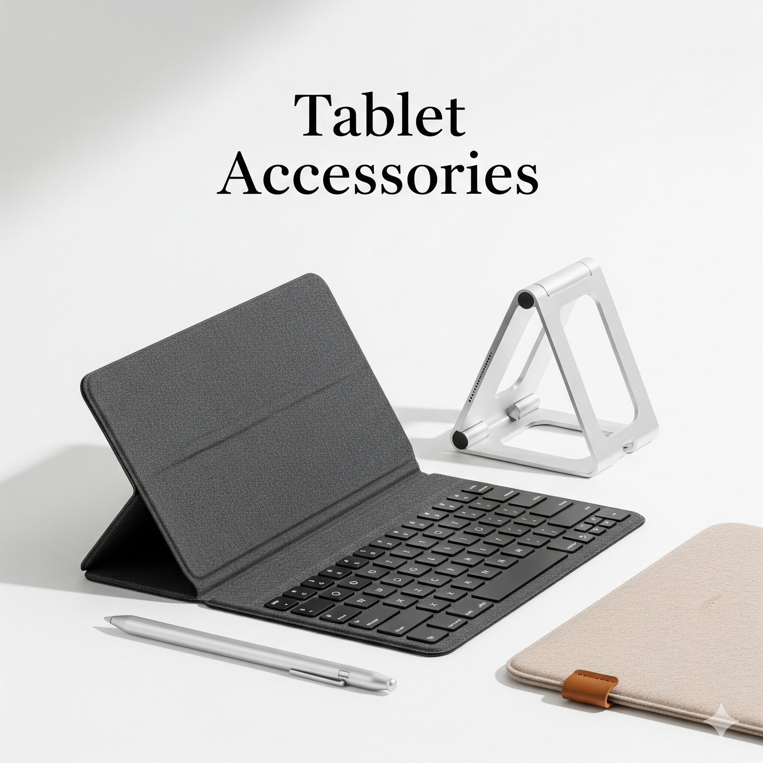 Premium tablet accessories—keyboard case, stylus pen, USB-C hub, stand, and fast charger—arranged on a bright minimalist desk