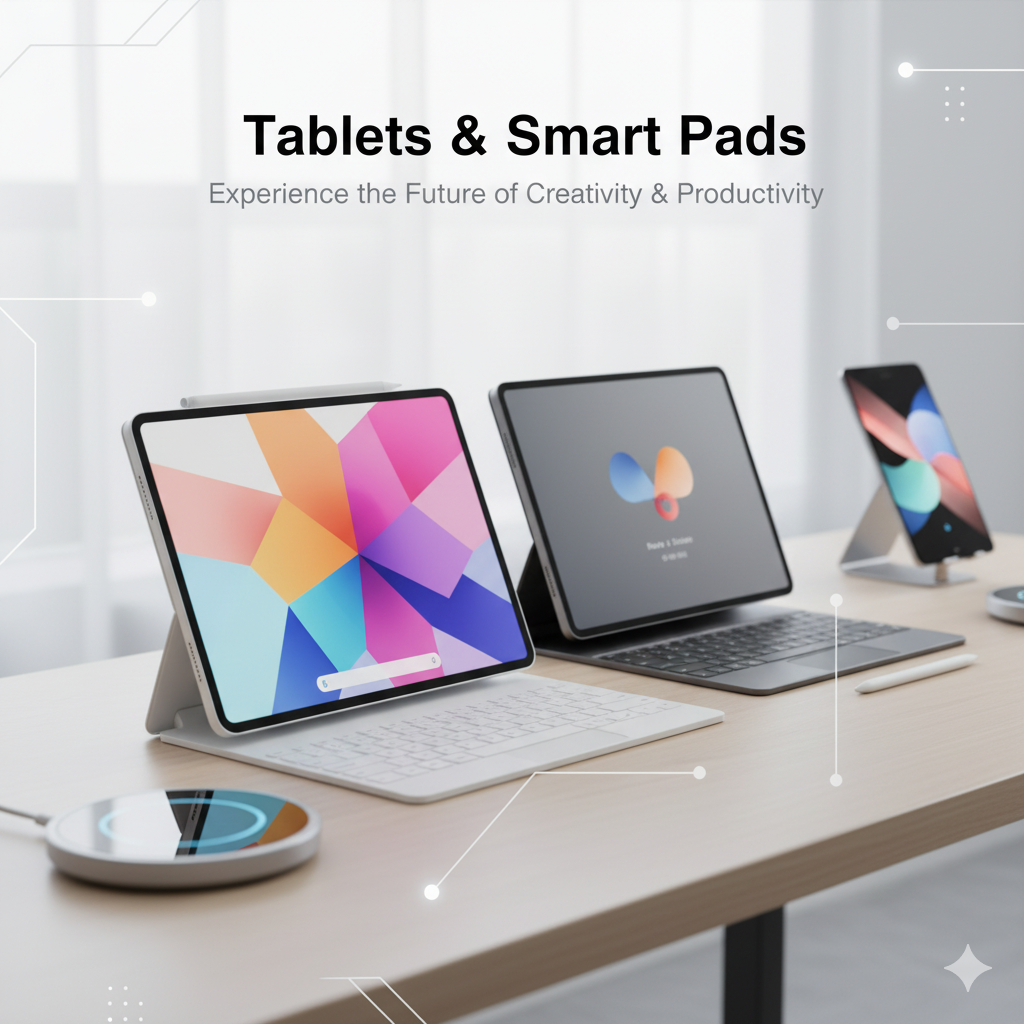 Assortment of tablets and smart pads on stands with bright screens and stylus pens, styled on a clean, light-toned desktop