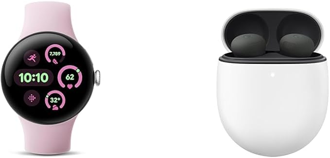 Google Bundle - Pixel Watch 3 (Polished Silver - Rose Quartz Band - 41mm WiFi) & Pixel Buds Pro 2 Earbuds (Hazel)