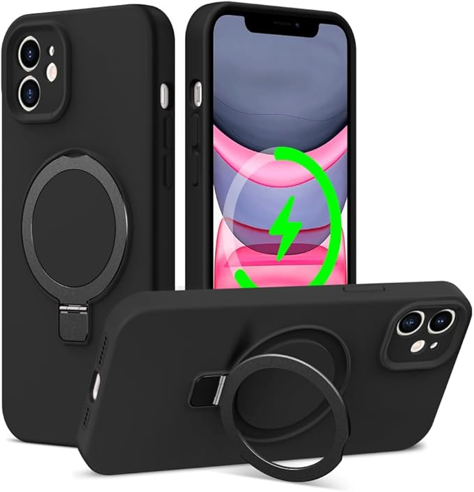 ZHK Liquid Silicone Designed for iPhone 12 Case with Magnet Stand, [Precise Camera Lens Protection][Mil-Grade Drop Shockproof][Soft Anti-Scratch Microfiber Lining] Slim Fit Cover, Black