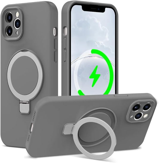 ZHK Liquid Silicone Designed for iPhone 11 pro max Case with Magnet Stand, [Precise Camera Lens Protection][Mil-Grade Drop Shockproof][Soft Anti-Scratch Microfiber Lining] Slim Fit Cover, Grey