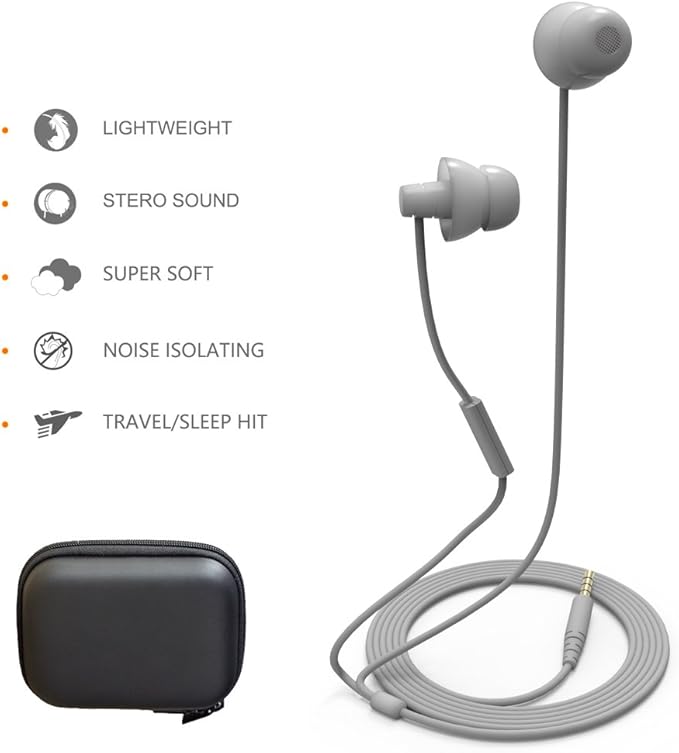 MAXROCK (TM Unique Total Soft Silicon Sleeping Headphones Earplugs Earbuds with Mic for Cellphones,Tablets and 3.5 mm Jack Plug (Grey)