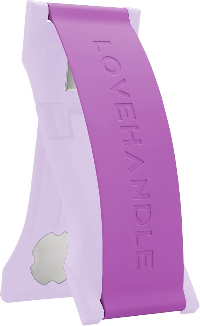 LOVEHANDLE PRO Premium Phone Grip - Silicone Phone Strap - Magnetic Phone Mount and Kickstand for Smartphone and Tablet - Electric Purple Silicone on Lavender Base
