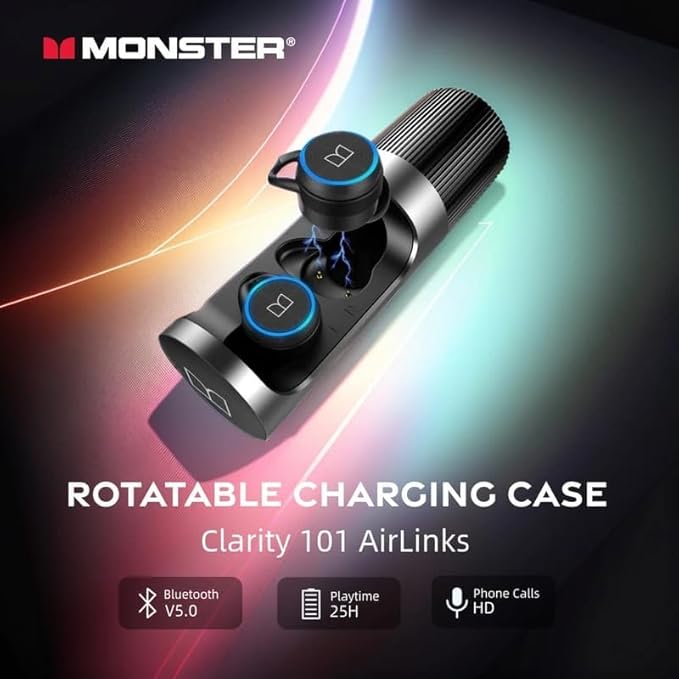 Monster Clarity 101 AirLinks Wireless Earbuds, Bluetooth 5.0 in-Ear Headphones with Charging Case, Stereo Earphones Deep Bass Sound, IPX5 Waterproof, Built-in Mic, Clear Call, Secure Fit for Sports