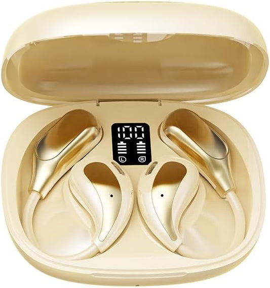 Open Ear Wireless Bluetooth Headphones, Sport Over Headset Built-in Mic, LED Display, Touch Control Earphones, IPX5 Waterproof for Sports Running Driving Cycling (Khaki)
