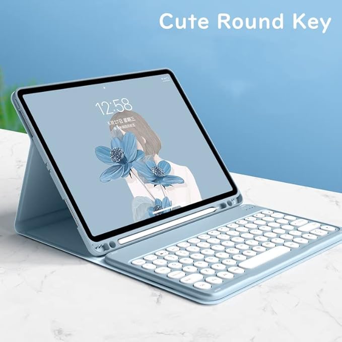 HENGHUI Keyboard Case for Galaxy Tab S10+ 12.4" / Tab S9+ 12.4" Cute Round Key Color Keyboard Wireless Detachable BT Keyboard Cover with S Pen Holder (SkyBlue)