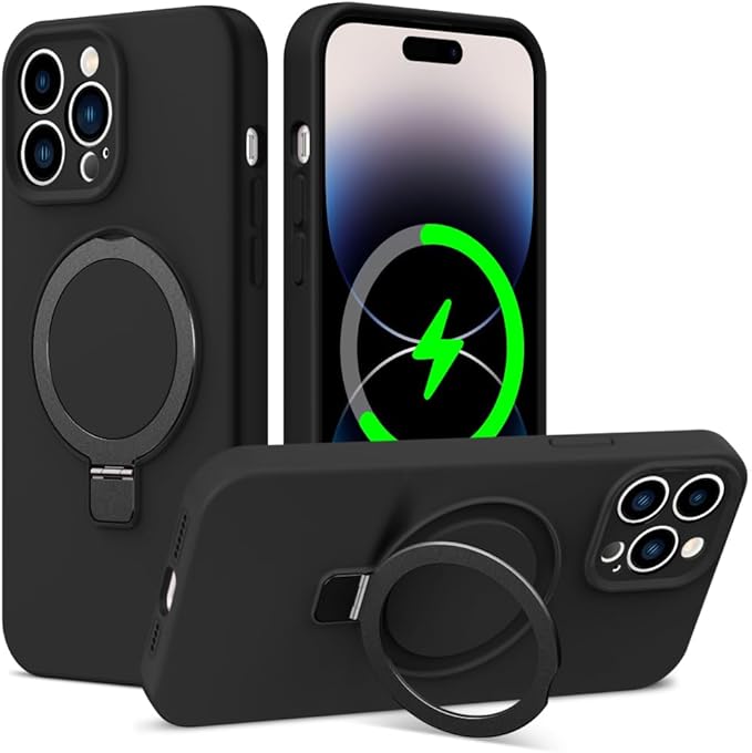 ZHK Liquid Silicone Designed for iPhone 14 pro max Case with Magnet Stand, [Precise Camera Lens Protection][Mil-Grade Drop Shockproof][Soft Anti-Scratch Microfiber Lining] Slim Fit Cover, Black