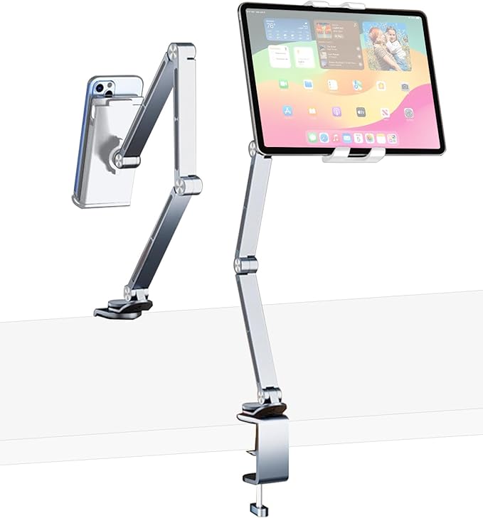 iPad Mount for Desk Aluminum Alloy Tablet Stand Foldable Overhead Arm Holder Mount Fits for 4.7-15.6" Screen Phone,Kindle,Fire HD,Monitor,iPad,Galaxy Tab Series (Silver)