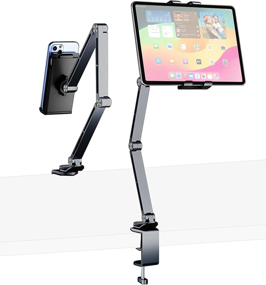 iPad Mount for Desk Aluminum Alloy Tablet Stand Foldable Overhead Arm Holder Mount Fits for 4.7-15.6" Screen Phone,Kindle,Fire HD,Monitor,iPad,Galaxy Tab Series (Gray)