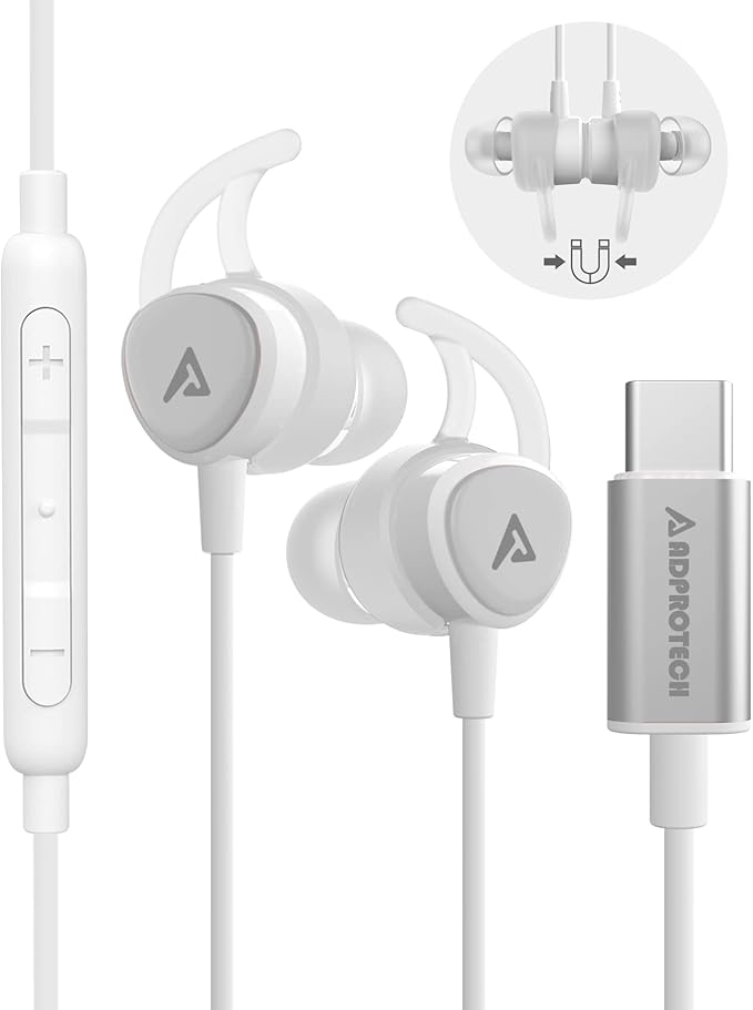 USB C Headphones, Type C Earbuds Magnetic Wired Earphones with Microphone and Volume Control Compatible with Google Pixel Xiaomi Samsung Oneplus Sony MacBook White