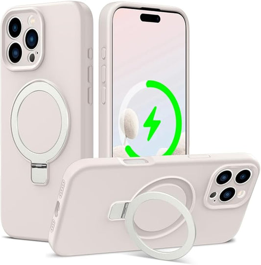 ZHK Liquid Silicone Designed for iPhone 16 pro max Case with Magnet Stand, [Precise Camera Lens Protection][Mil-Grade Drop Shockproof][Soft Anti-Scratch Microfiber Lining] Slim Fit Cover, Beige