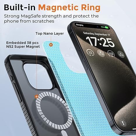 UNBREAKcable Magnetic Case for iPhone 15 Pro, [Compatible with MagSafe] [Non-Slip Grip] [Anti-Fingerprint] Translucent Matte Back & Soft TPU Bumper with Airbag Corners for iPhone 15 Pro 6.1" – Black