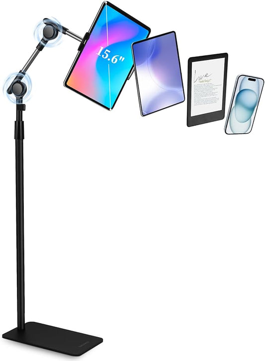 SHUWEI Tablet Floor Stand with Double Self-Locking Worm Gears, 70.9”Height Adjustable iPad Floor Stand with 7.5lb Stable Base, Compatible with 4-15.6'' iPad, Kindle, Phone, Portable Monitor, Black