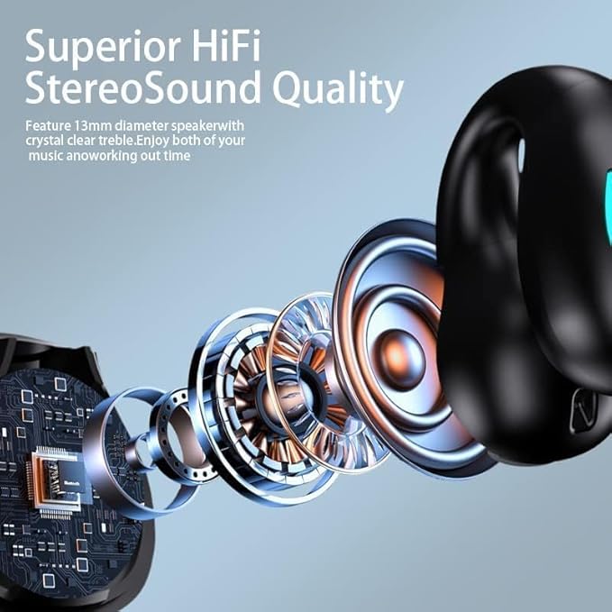 Open Ear Bone Conduction Headphones Bluetooth 5.3 Wireless Clip On Earbuds with Digital Display Charging Case 60 Hours Playtime Sport Earphones Built-in Mic IPX7 Waterproof for Running Fitness Black