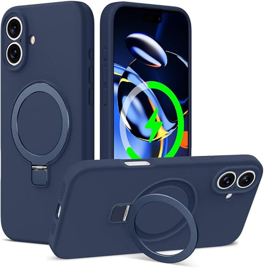 ZHK Liquid Silicone Designed for iPhone 16 Case with Magnet Stand, [Precise Camera Lens Protection][Mil-Grade Drop Shockproof][Soft Anti-Scratch Microfiber Lining] Slim Fit Cover, Navy Blue