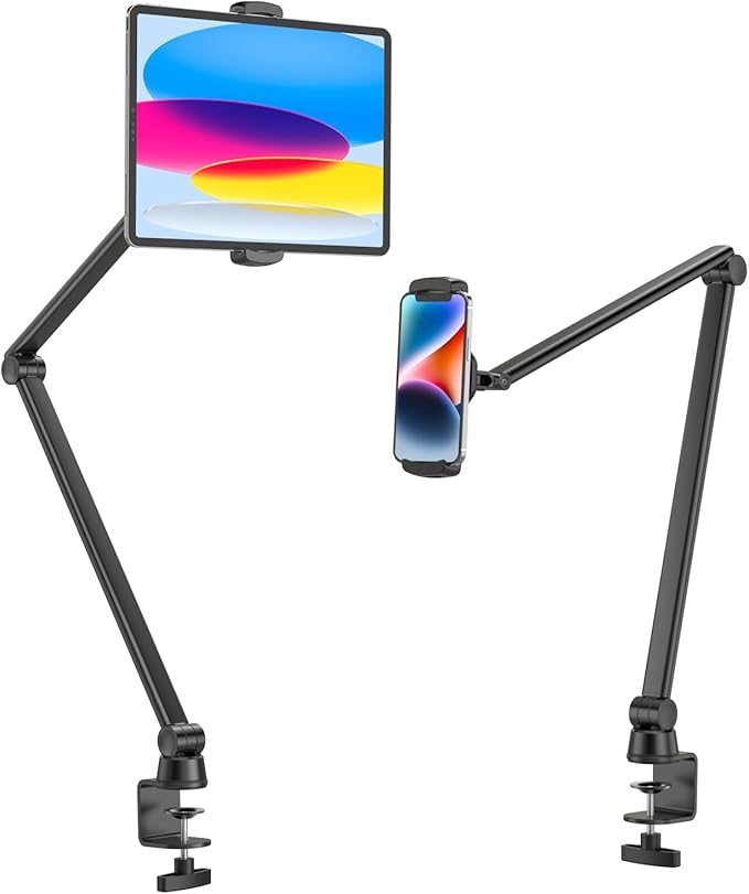 BEWISER Tablet Stand Holder Desk Mount,360°Rotating Flexibly, Angle Adjustable Long Arm, Folding Aluminium Alloy Compatible with4.7-13" Phone or Tablet in Kitchen/Office(Black)