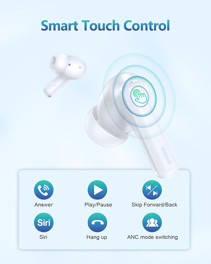Wireless Earbuds Bluetooth Headphones, Ear Buds with Touch Screen, ANC ENC Noise Cancelling Transparency Mode, 40H Stereo Deep Bass, IPX7 Waterproof, Clear Calls, 5 EQ for iOS Android (White)