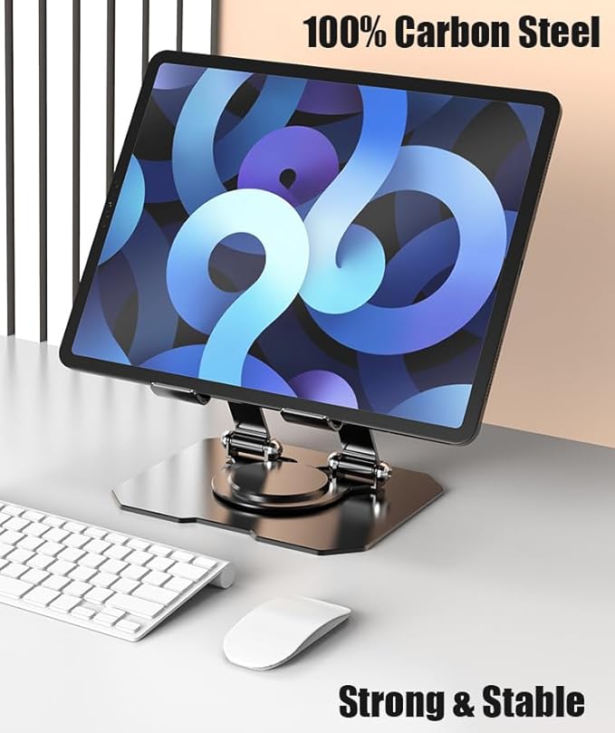 Dual 360° Rotating Tablet Stand Holder for Desk with Carbon Steel Base, Table Tablet Support with Dual Rod Adjustable Compatible for iPad Pro 13 12 11 Air Mini 5 4 3 (Silver)