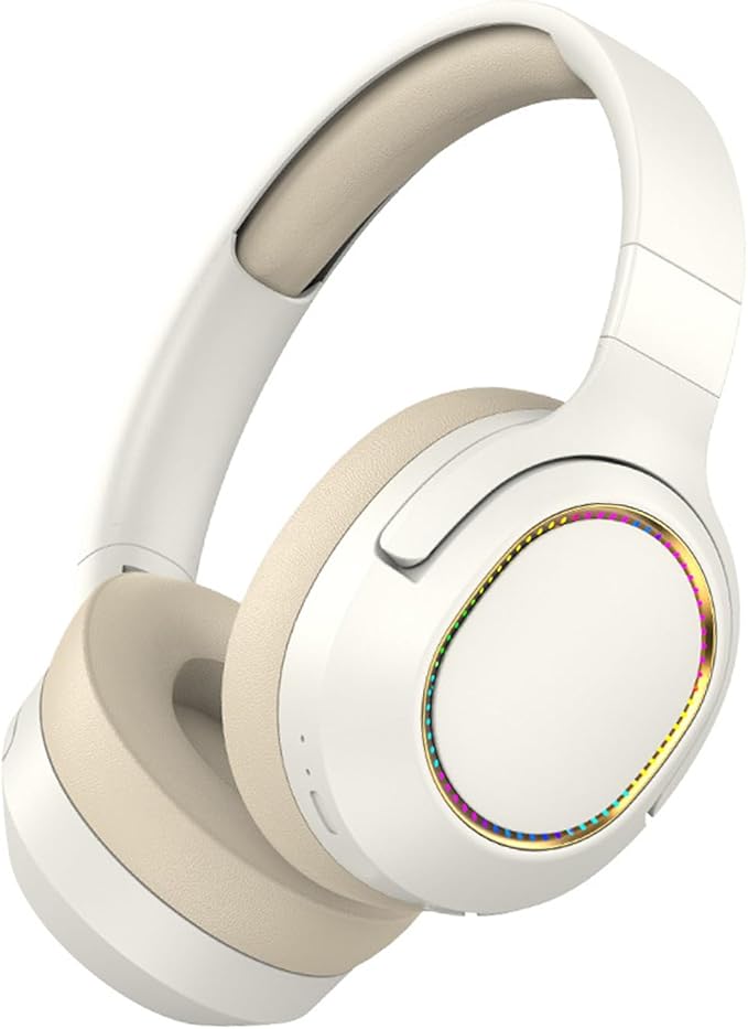 Bluetooth Headphones with LED Lights, Foldable Wireless Over-Ear Headphones with HiFi Stereo Sound Mic, Kids Adult Colorful Music Headset for Game Travel/Home Office/PC/Mobile/Phone (White A)